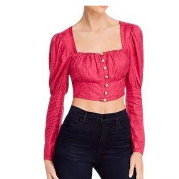 Anthropologie Rahi Rahi square Neck Puffy Sleeve Brocade Crop Top Pink small AB - Picture 2 of 11